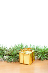 Naklejka na ściany i meble Wonderful Christmas decoration with fir tree and yellow gift or