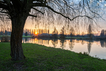 Winter sunset in the shore of a lake with clouds reflected in th