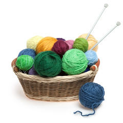 Knitting yarn balls and needles in basket