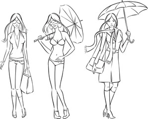 whiteboard drawing - Fashion girls in various clothes