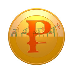 Oil production is reflected in a gold coin with a ruble sign