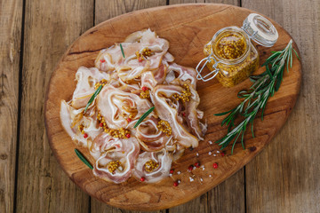 smoked pig ears cut with Dijon mustard