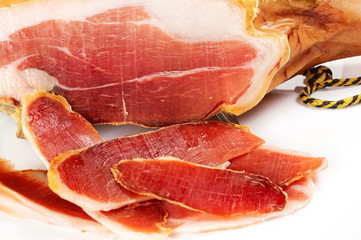 parma ham (jamon) sliced on a white background