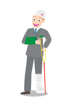 smile injured businessman in bandages with crutches vector