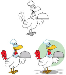 Rooster Bird Chef Serving A Platter. Collection Set