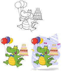 Birthday Crocodile Holding Up A Birthday Cake. Collection Set