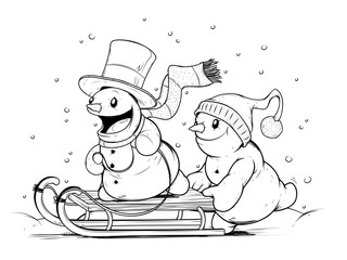 Snowmen on sled. Winter Activities