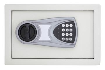 Front numeric code steel safe box on white background.