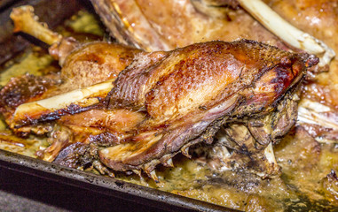 Roast goose preparation in the kitchen