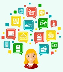 Silhouette of a woman with many shopping icons