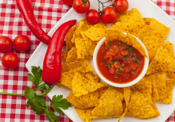 Tortilla chips, salsa, chilli peppers and cherry tomato