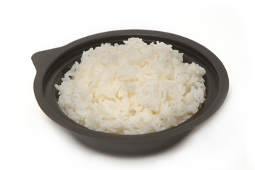 White steamed rice in black  bowl