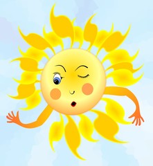 Cheerful cartoon of surprised winking sun with hands