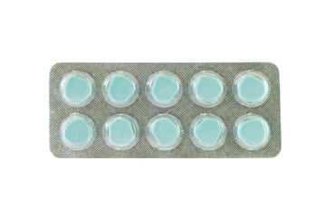 Blue tablet in transparent blister pack