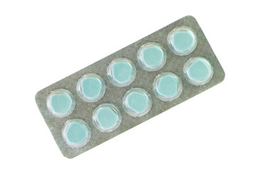 Blue tablet in transparent blister pack