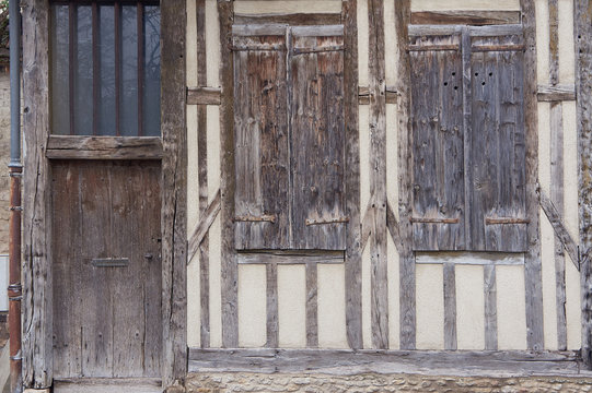 Door and shutter in a medieval building in Troyes.