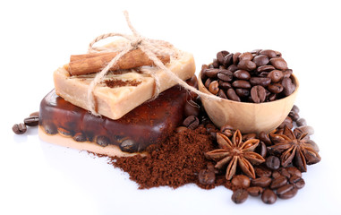 Organic soap with coffee beans and spices, isolated on white