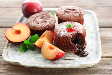 Hot chocolate pudding with fondant centre, close-up
