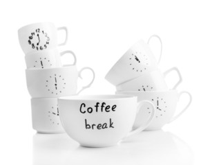 Coffee cups with time for coffee break, isolated on white