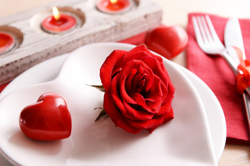 Festive table setting for Valentines Day on table background