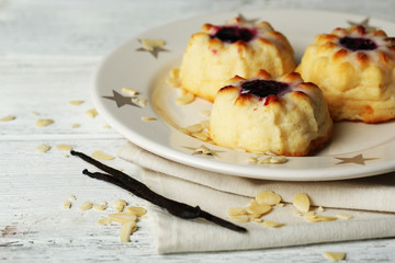 Delicious cheesecakes on wooden table