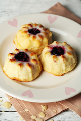 Delicious cheesecakes on wooden table