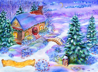 Christmas card with winter lanscape, hand drawn illustration