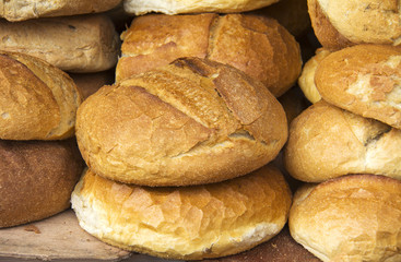 fresh bread loafs lying on the shelf