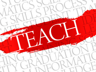 TEACH. Word education collage on gray vector background