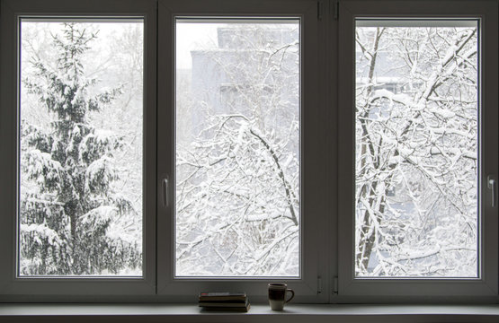 Books on the window in winter