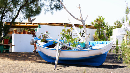 Fototapeta na wymiar Jardín con barca ornamental, Lanzarote, Islas Canarias