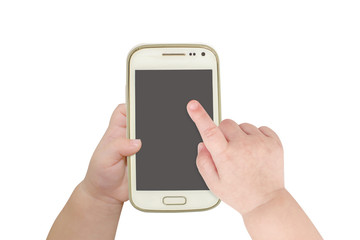 Baby hand pointing white smart phone isolated on white backgroun