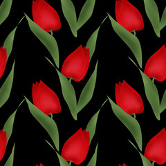 Floral seamless pattern red tulips illustration black background