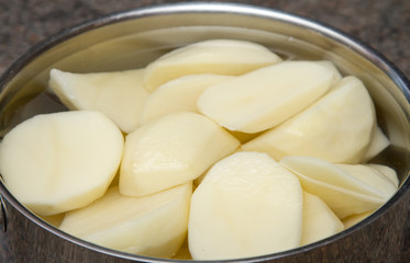 Raw potatoes in a pan of water