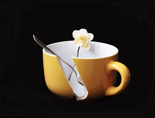 Broken coffee cup, black background