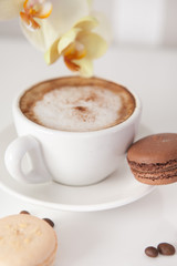 Cup of cappuccino with macaroon cookies