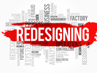 Fototapeta premium Word cloud of REDESIGNING related items, vector background