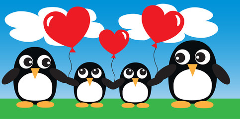 a sweet penguin family with balloons