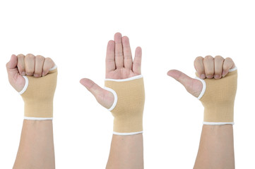 Man hand with wrist-support protection on white background, body