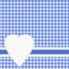 Gingham love heart check background. Doily effect, blue white.