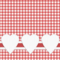 Gingham fabric effect love heart check background.