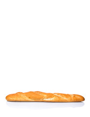 Fresh French baguette close up view over white background