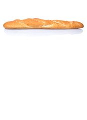 Fresh French baguette close up view over white background