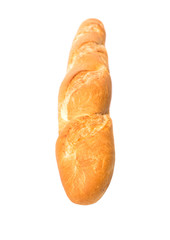 Fresh French baguette close up view over white background