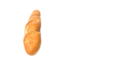 Fresh French baguette close up view over white background