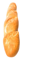 Fresh French baguette close up view over white background