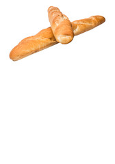 Fresh French baguette close up view over white background