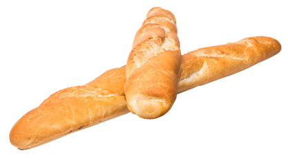 Fresh French baguette close up view over white background