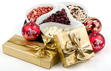 christmas decoration and golden box with ribbon