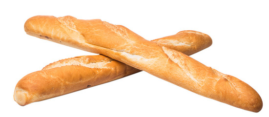 Fresh French baguette close up view over white background